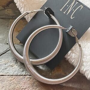 INC Large Textured Hoop Earrings Silver Tone New